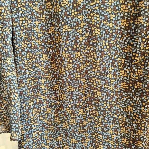 CAbi Sheath Chiffon Dress Blue Brown Floral V-Neck Pullover Bell Sleeve Sz M - Picture 2 of 7